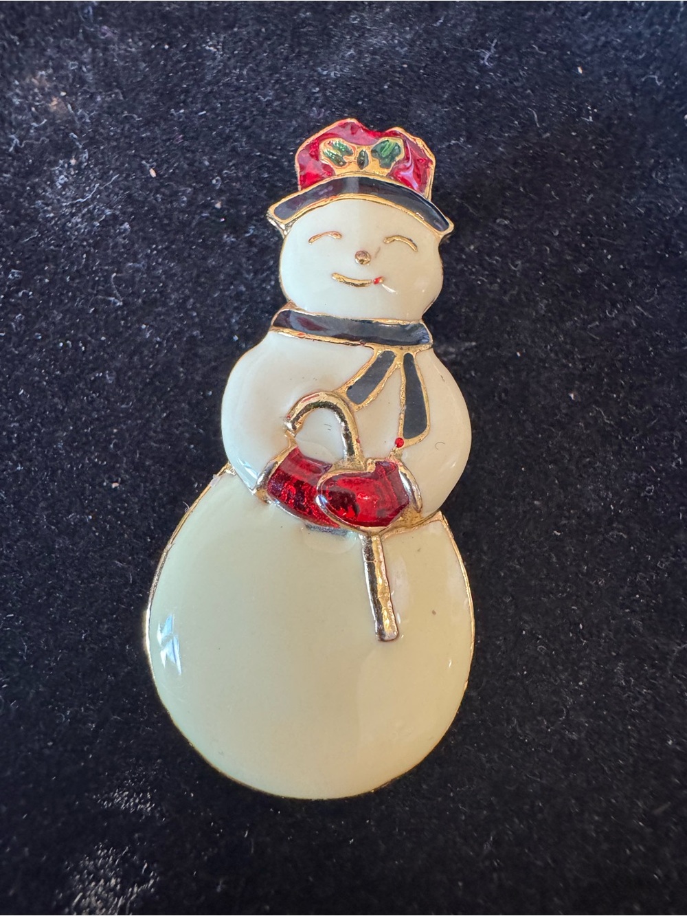 Enamel Snowman Brooch with Red Hat & Mittens